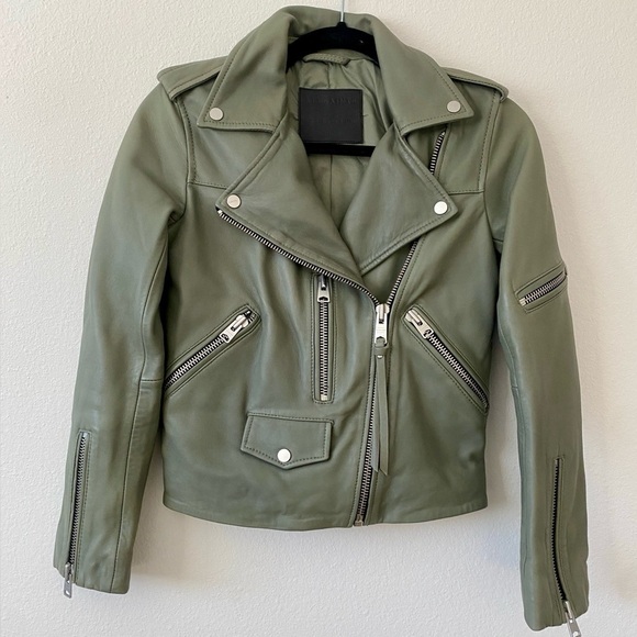 AllSaints Darnley Leather Biker Jacket Sage Green - Picture 3 of 10